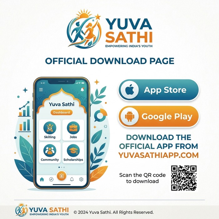 Yuva Sathi download poster with a phone showing Skilling, Jobs, Community, and Scholarships.